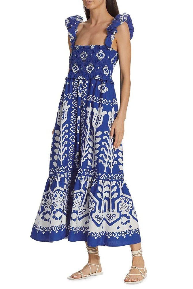 Spring Summer Long Dress For Women Square Collar Sleeveless Backless High Waist Colorblock Print Camisole Dresses Female Clothing