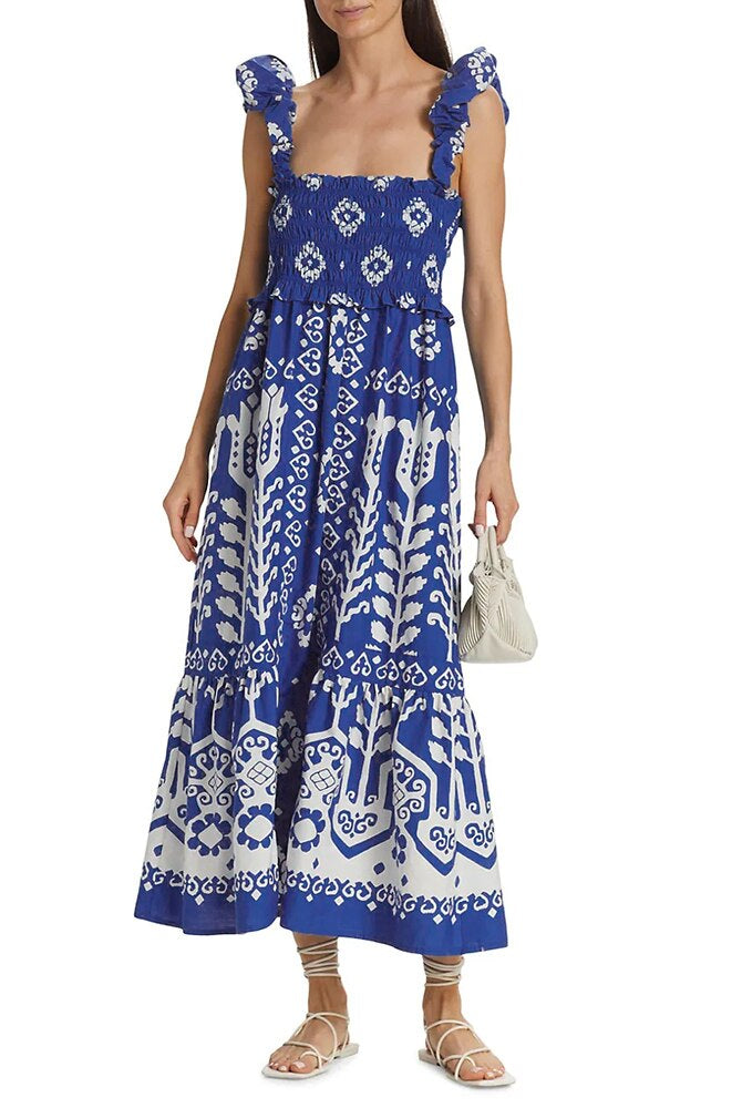 Spring Summer Long Dress For Women Square Collar Sleeveless Backless High Waist Colorblock Print Camisole Dresses Female Clothing