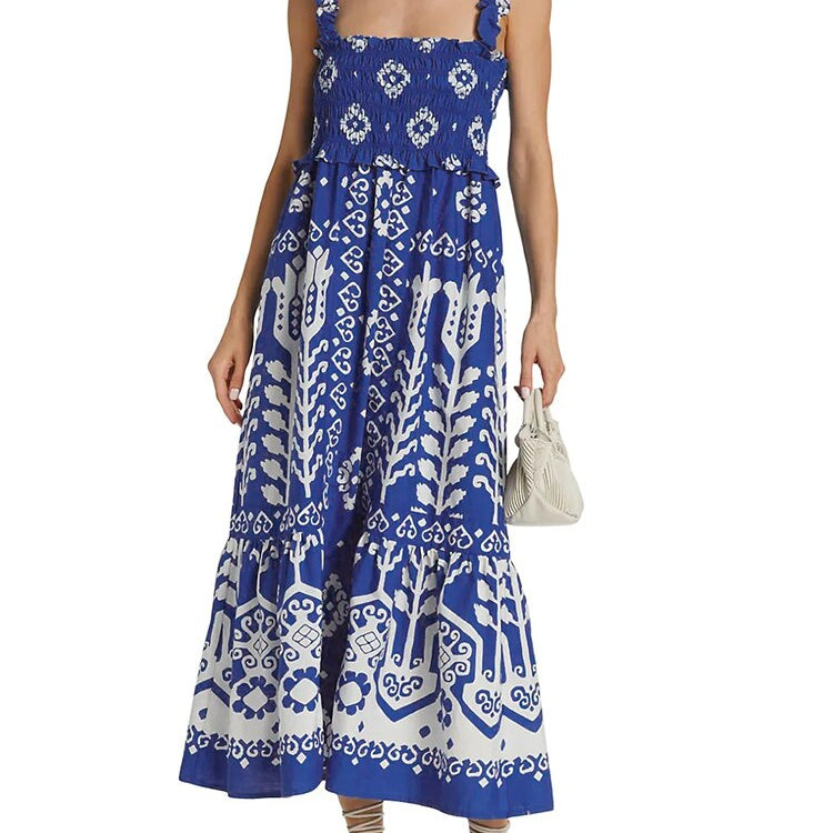 Spring Summer Long Dress For Women Square Collar Sleeveless Backless High Waist Colorblock Print Camisole Dresses Female Clothing