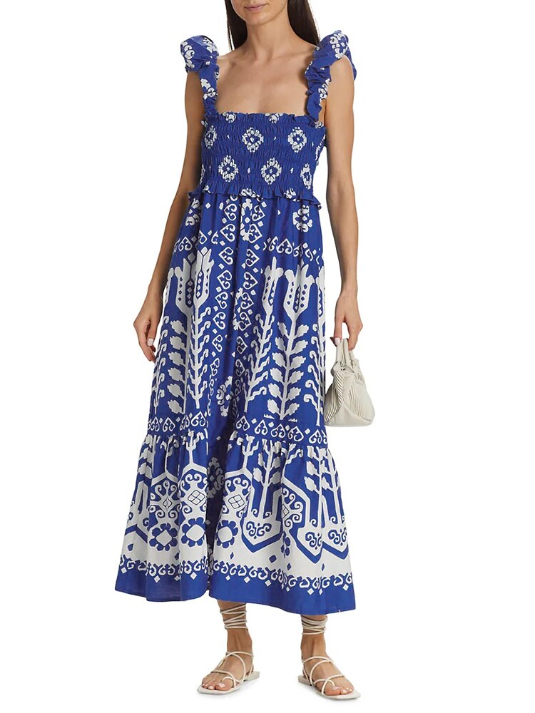 Spring Summer Long Dress For Women Square Collar Sleeveless Backless High Waist Colorblock Print Camisole Dresses Female Clothing