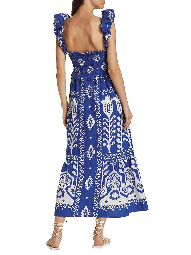 Spring Summer Long Dress For Women Square Collar Sleeveless Backless High Waist Colorblock Print Camisole Dresses Female Clothing