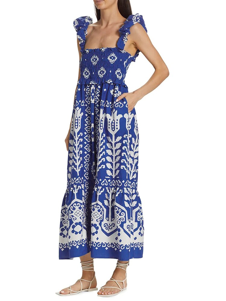 Spring Summer Long Dress For Women Square Collar Sleeveless Backless High Waist Colorblock Print Camisole Dresses Female Clothing