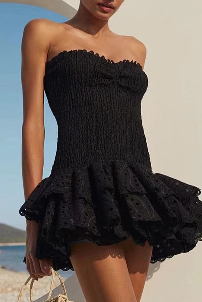 Sexy Off Shoulder Dress For Women Strapless Sleeveless High Waist Ruched Embroidery Crop Mini Dresses Women