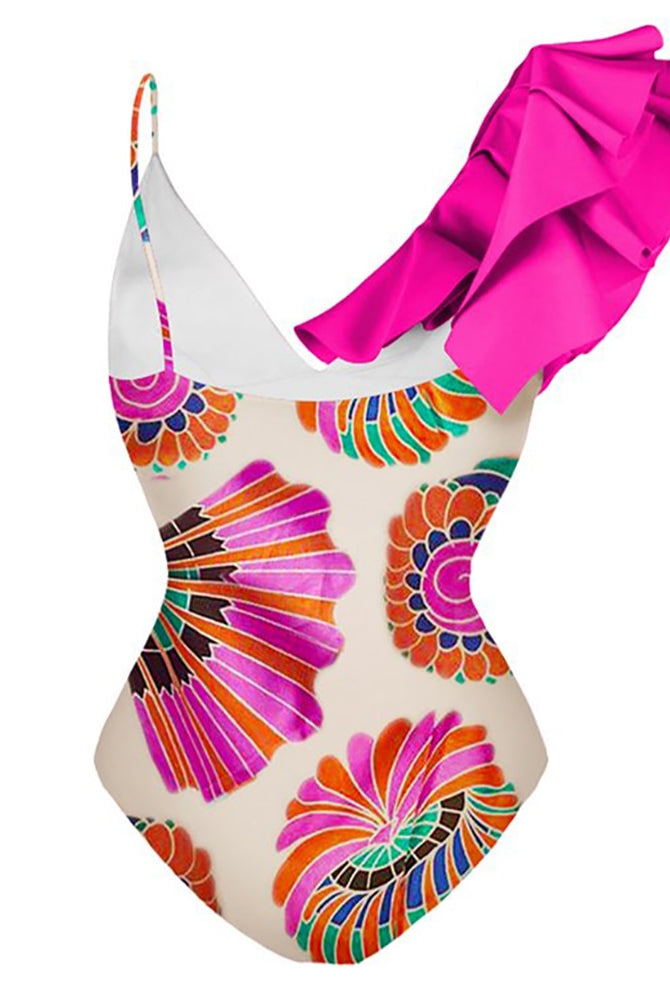 ASHORE swim/surf Shop Neon Colorblock Print Ruffle One-Piece Swimsuit V-Neck Sexy
