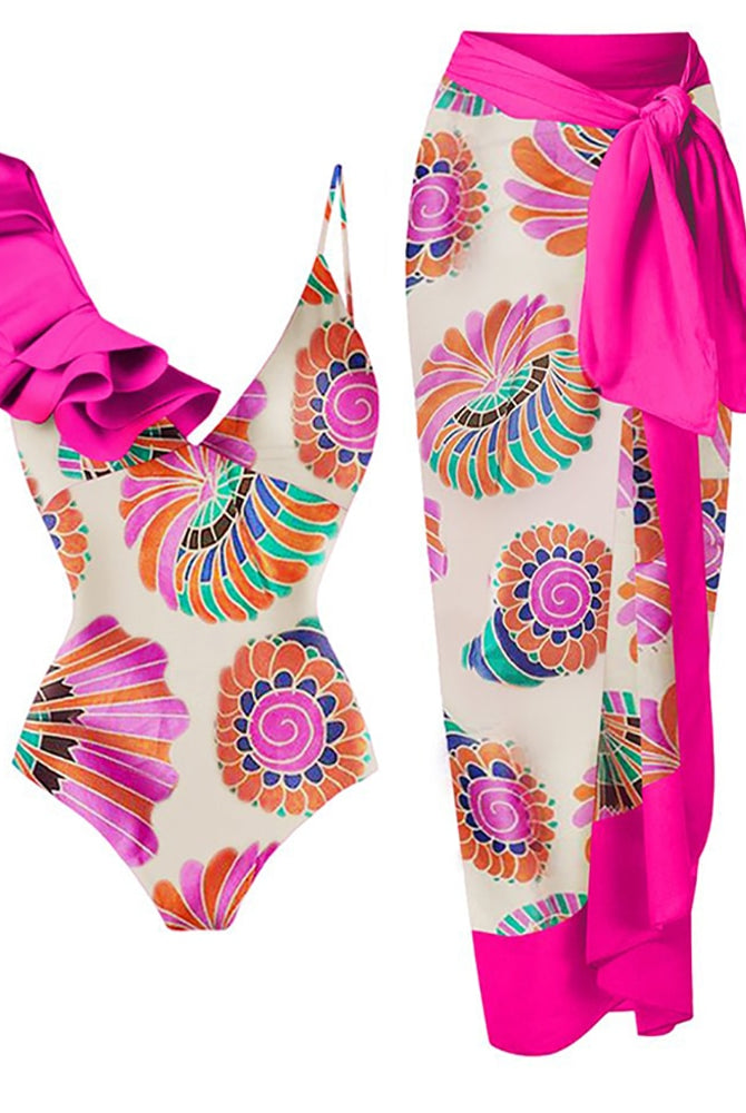 ASHORE swim/surf Shop Neon Colorblock Print Ruffle One-Piece Swimsuit V-Neck Sexy