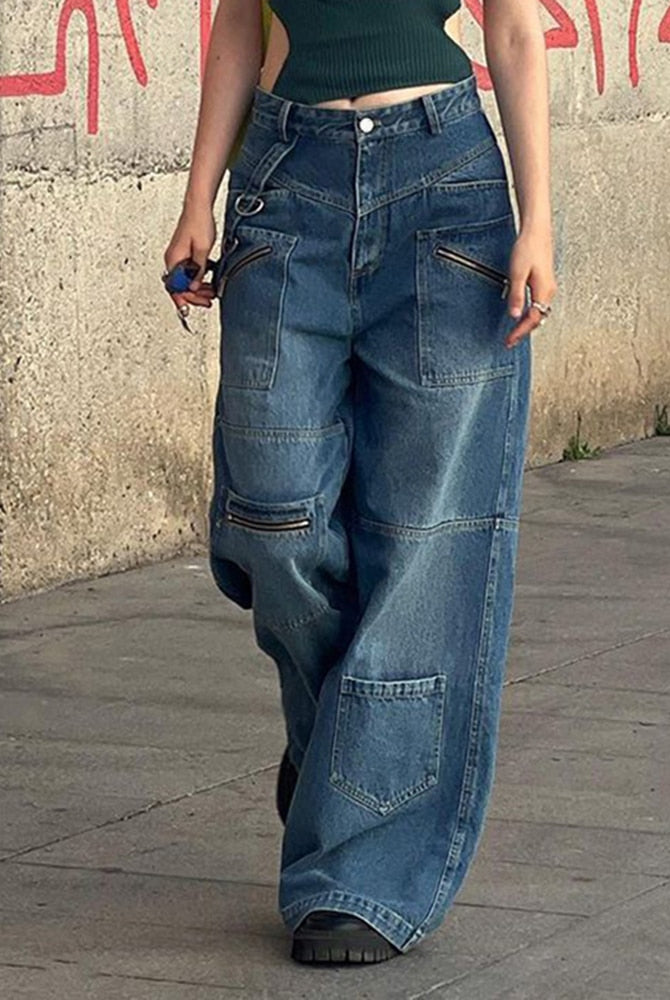 ASHORE SHOP Baggy Jeans Vintage 2000s Streetwear Jeans Women Low Waist Button Up Straight Pants Retro Baggy 90s Denim Cargo Pants