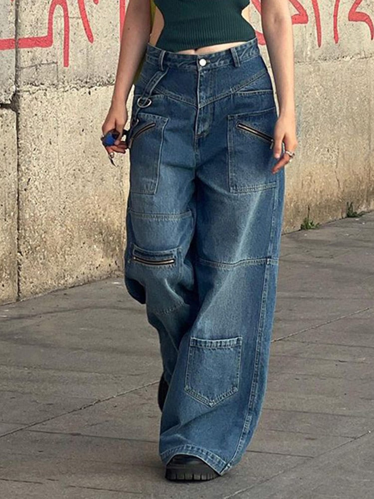 ASHORE SHOP Baggy Jeans Vintage 2000s Streetwear Jeans Women Low Waist Button Up Straight Pants Retro Baggy 90s Denim Cargo Pants