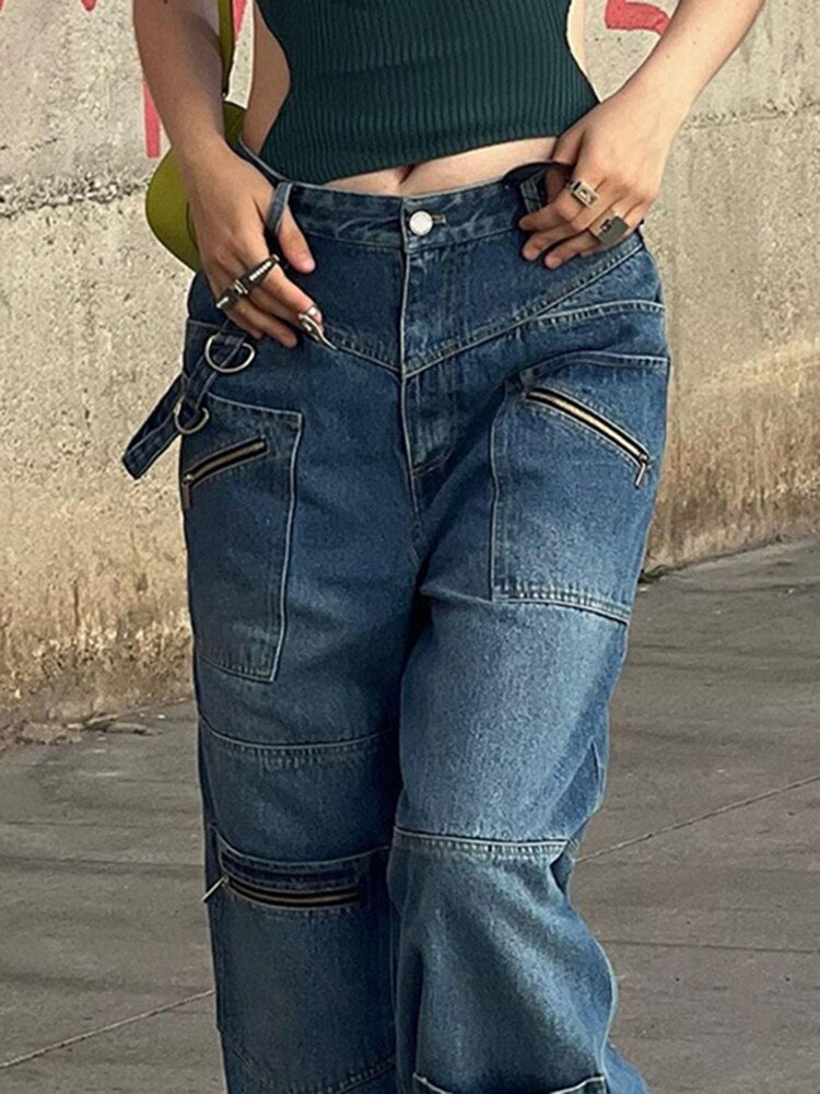 ASHORE SHOP Baggy Jeans Vintage 2000s Streetwear Jeans Women Low Waist Button Up Straight Pants Retro Baggy 90s Denim Cargo Pants