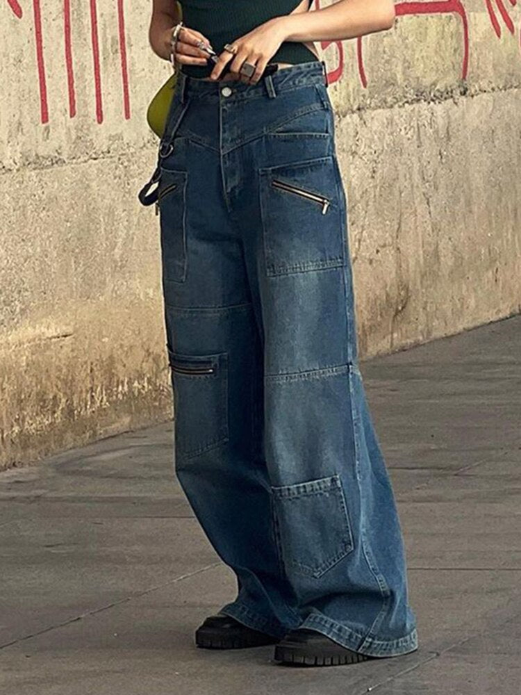 ASHORE SHOP Baggy Jeans Vintage 2000s Streetwear Jeans Women Low Waist Button Up Straight Pants Retro Baggy 90s Denim Cargo Pants