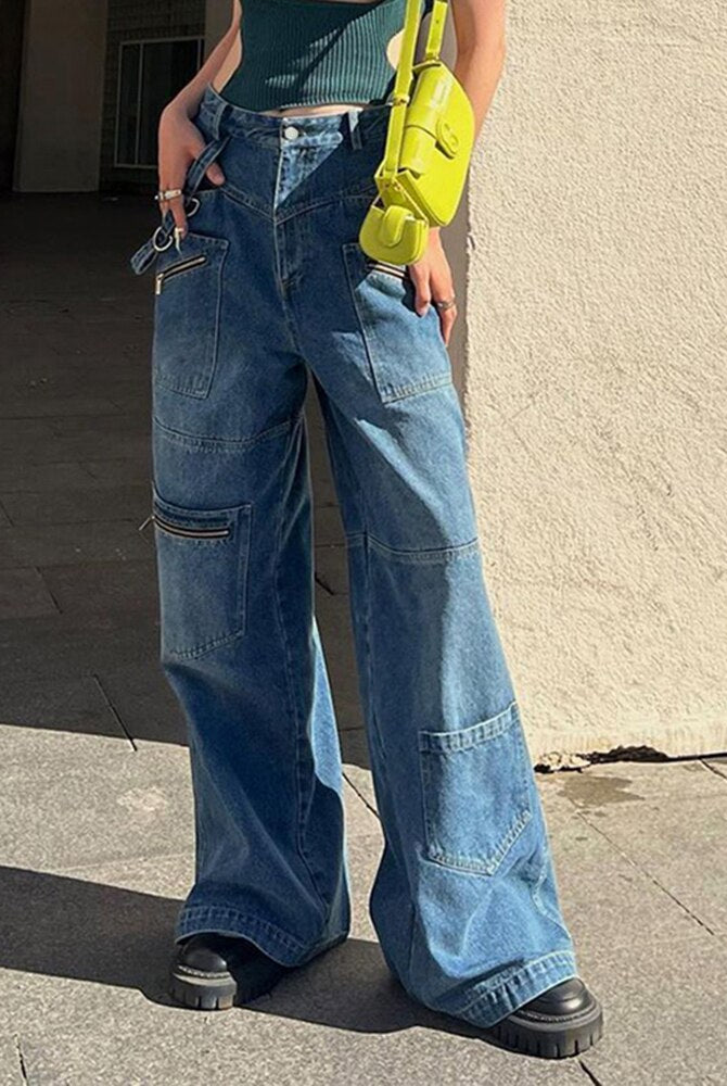 ASHORE SHOP Baggy Jeans Vintage 2000s Streetwear Jeans Women Low Waist Button Up Straight Pants Retro Baggy 90s Denim Cargo Pants