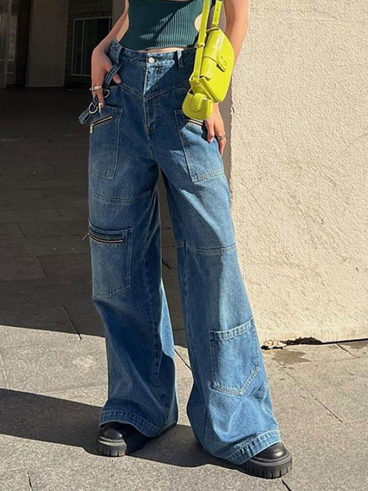 ASHORE SHOP Baggy Jeans Vintage 2000s Streetwear Jeans Women Low Waist Button Up Straight Pants Retro Baggy 90s Denim Cargo Pants