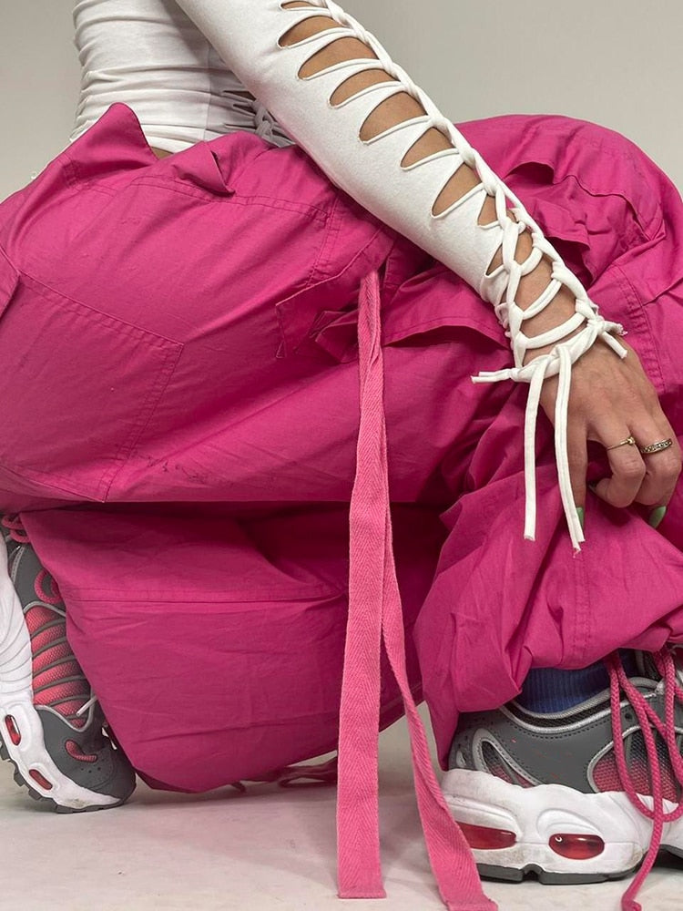 Parachute Oversized Cargo Pants 2023 Summer New Sweatpants Lace Up Ribbon Low Rise Chic Pink Pants
