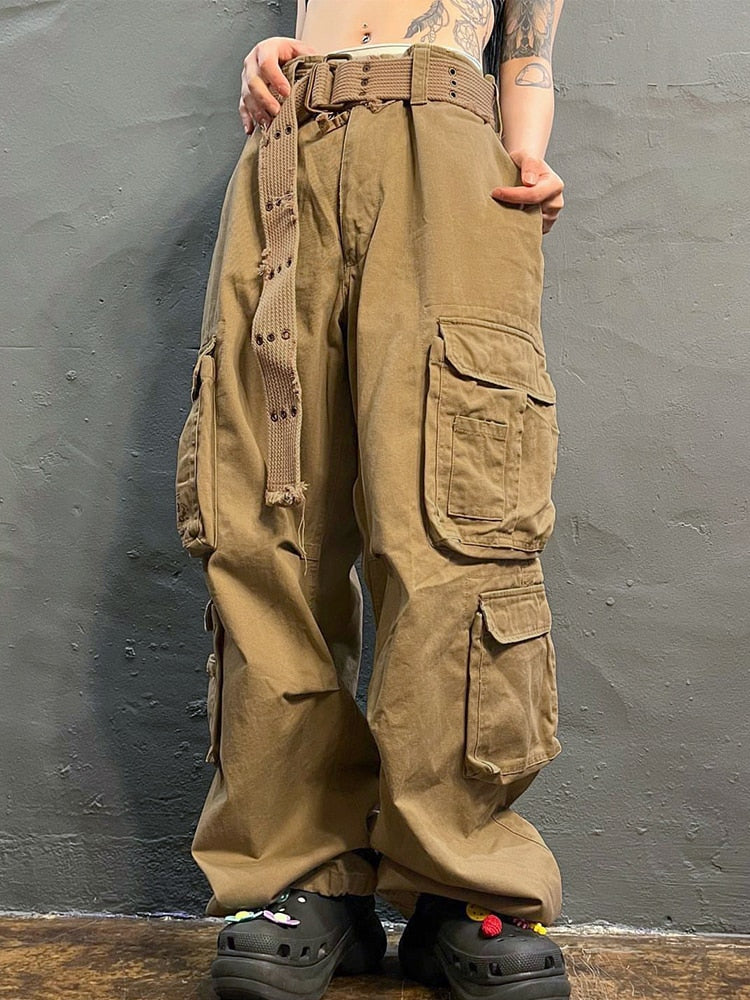 Ashore Shop Women's Baggy Pants Vintage Work Jeans Low Rise 100% Cotton Multi Pocket Denim Cargo Pants