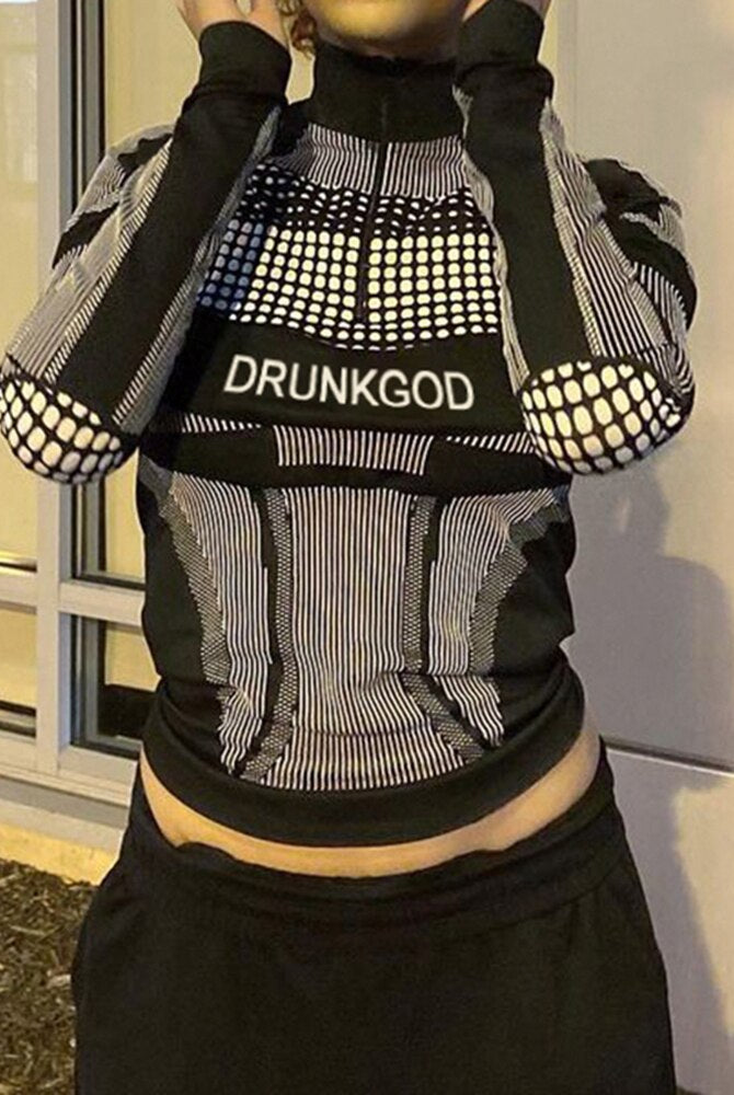 Ashore Shop Techwear Crop Top Patchwork Long Sleeve Turtleneck Tee