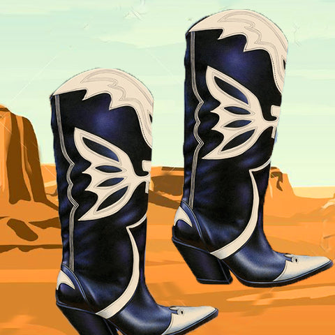 Ashore Western Shop Cowgirl Mid Calf Boots Butterfly Embroidered Pointed Slip On Boots