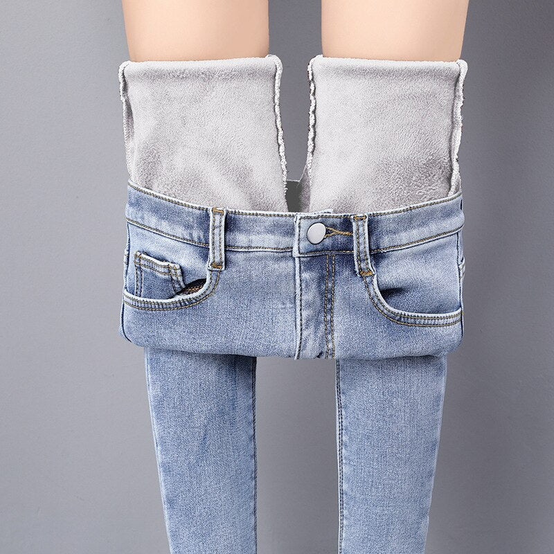 Winter Warm Jeans Woman 2022 High Waist Casual Velvet Ladies Trousers
