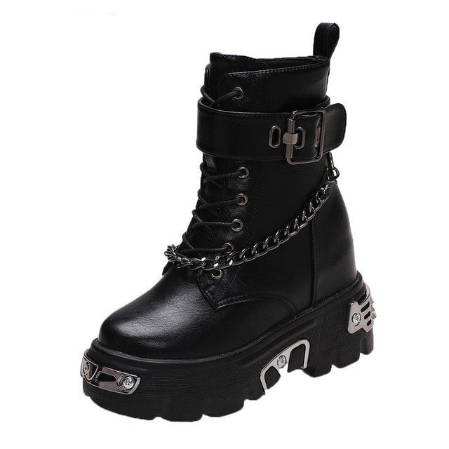 New Winter Gothic Style Shoes Metal Motorcycle Boots Round Toe Chunky Punk Boots