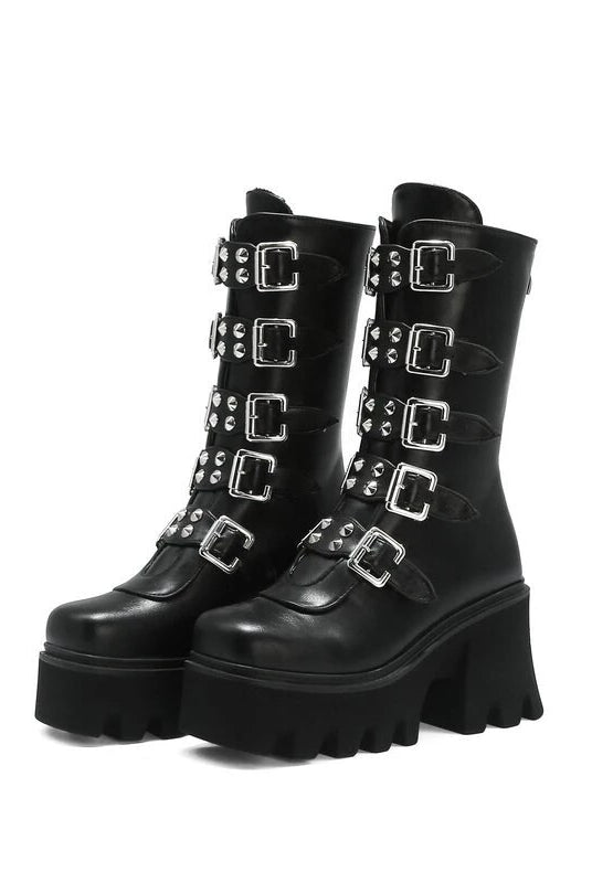 Womens Shoes Mid-calf Boots Female Motorcycle Rivet Buckle Platform