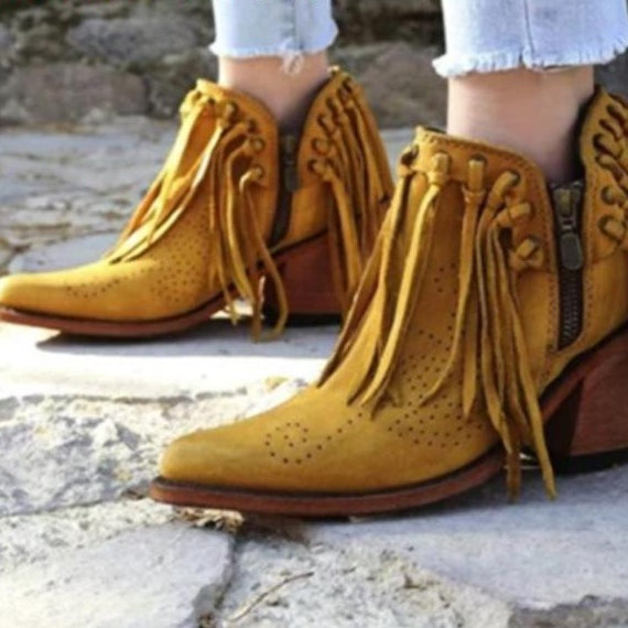 Cowgirl Boots Fringe Western Booties Female Suede Low Heel Round Toe Tassel Boots