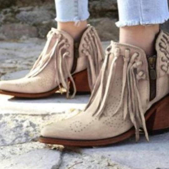 Cowgirl Boots Fringe Western Booties Female Suede Low Heel Round Toe Tassel Boots