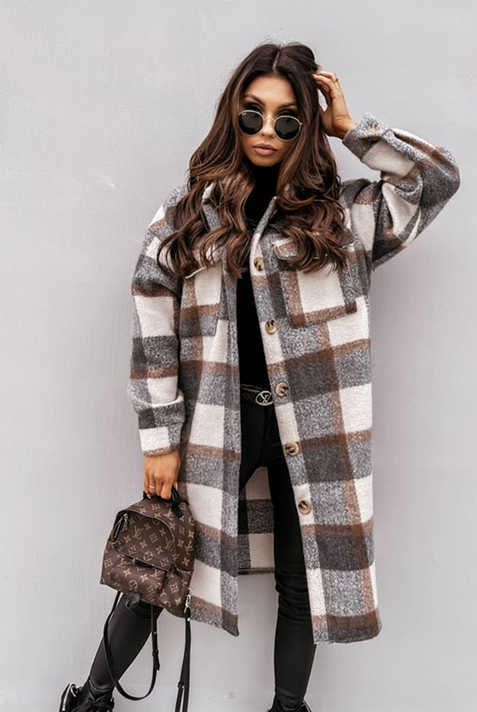 Women Winter Woolen Coats Female Plaid Print Retro Warm Thick Plaid Shirt Long Jacket