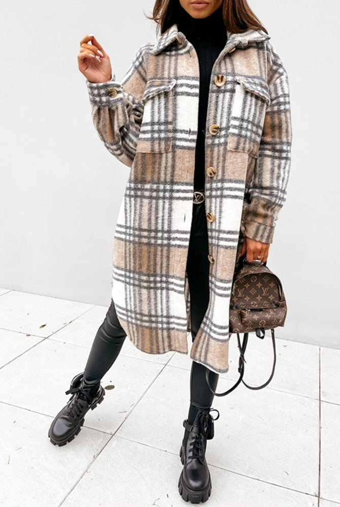 Women Winter Woolen Coats Female Plaid Print Retro Warm Thick Plaid Shirt Long Jacket