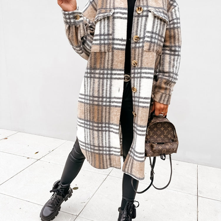 Women Winter Woolen Coats Female Plaid Print Retro Warm Thick Plaid Shirt Long Jacket