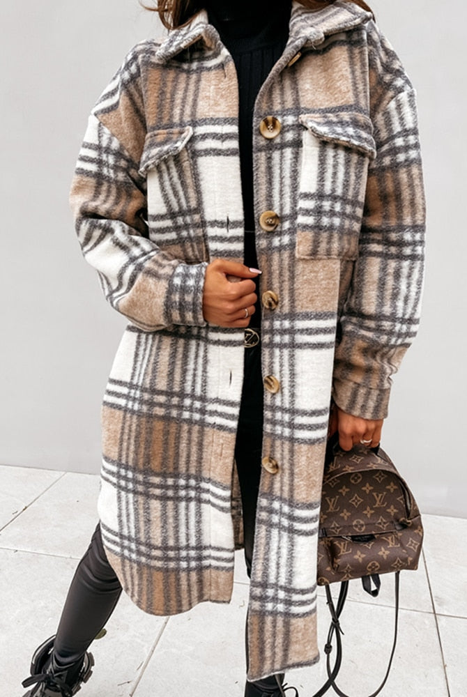 Women Winter Woolen Coats Female Plaid Print Retro Warm Thick Plaid Shirt Long Jacket