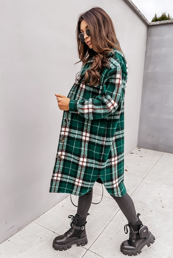 Women Winter Woolen Coats Female Plaid Print Retro Warm Thick Plaid Shirt Long Jacket