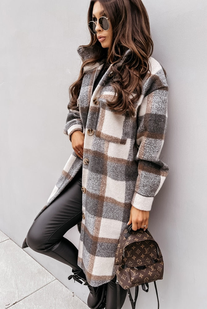 Women Winter Woolen Coats Female Plaid Print Retro Warm Thick Plaid Shirt Long Jacket