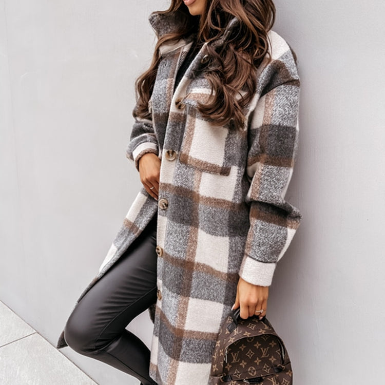 Women Winter Woolen Coats Female Plaid Print Retro Warm Thick Plaid Shirt Long Jacket
