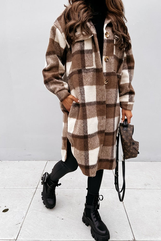 Women Winter Woolen Coats Female Plaid Print Retro Warm Thick Plaid Shirt Long Jacket