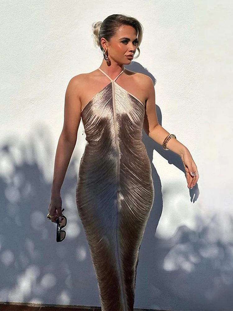 Women Party Shinny Metallic Halter Dress Female Sleeveless Backless Bodycorn Long Vestidos Lady Party Club Evening Robes1