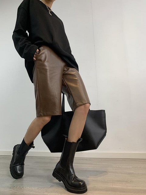 PU Leather shorts women's autumn 2021 new high-waist wide-leg pu leather pants