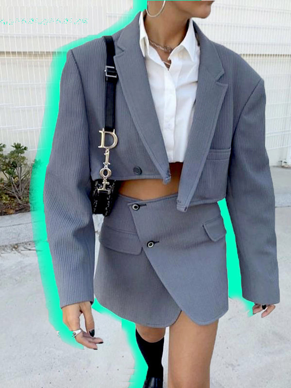 Ashoreshop Women Blazer High Waist Irregular Cross Slit Mini Skirt Long Sleeve Suits 2 Pieces Set