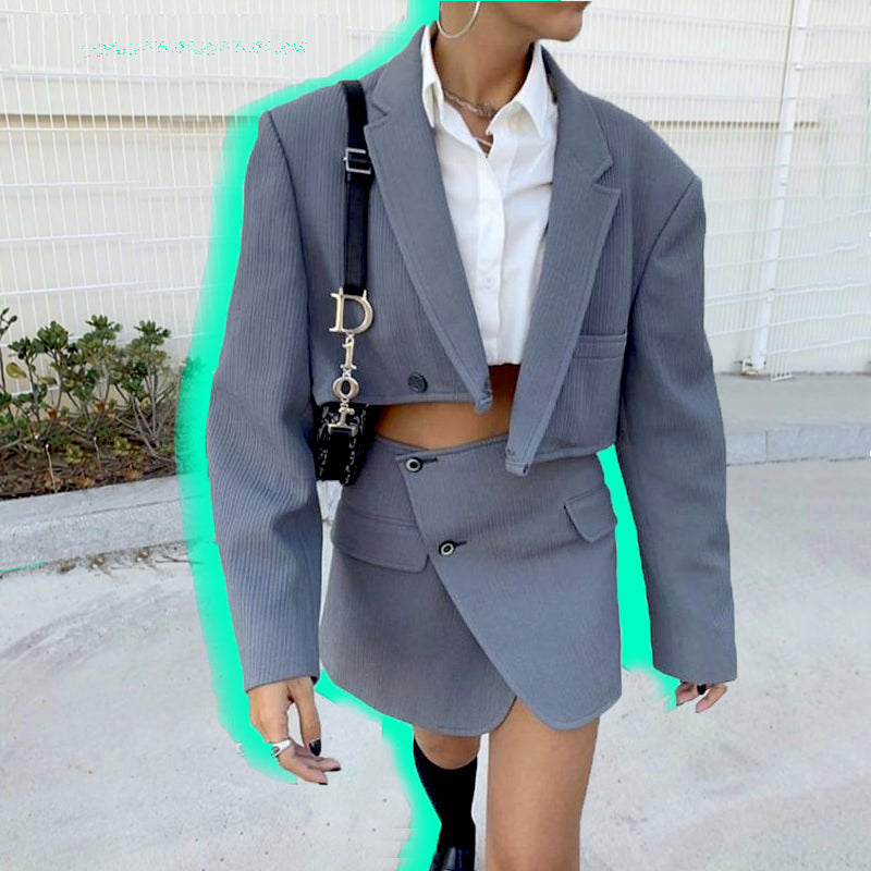 Ashoreshop Women Blazer High Waist Irregular Cross Slit Mini Skirt Long Sleeve Suits 2 Pieces Set