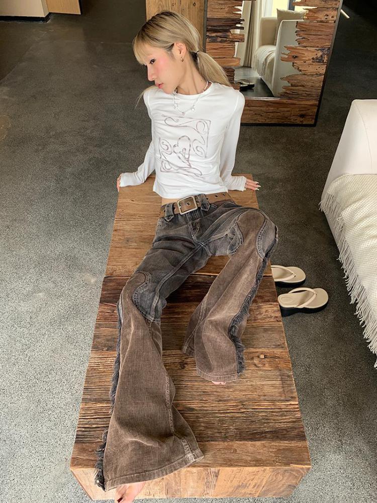 Ashore Shop Womens Loose Jeans Femme Y2k Tassel Design Denim Flare cotton Pants