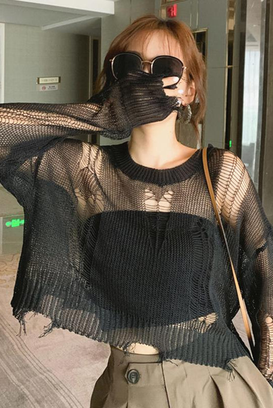 Ashoreshop Spring Gothic Thin Women Pullover Loose Ripped Sweater 2021-23