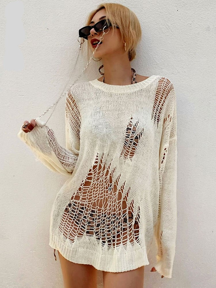 Ashore Shop Ugly Ripped Sweater Women Loose Knitted Tops Hole Thin Pullovers