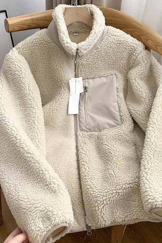 Zipper Lamb Fur Women Coats Winter Turtleneck Pocket Thick Warm Outerwear