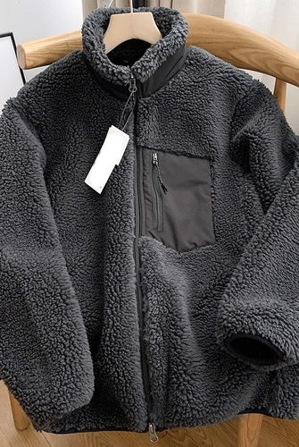 Zipper Lamb Fur Women Coats Winter Turtleneck Pocket Thick Warm Outerwear