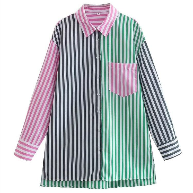 Ashoreshop 2023 Office Lady Contrast Color Striped Print Smock Blouse