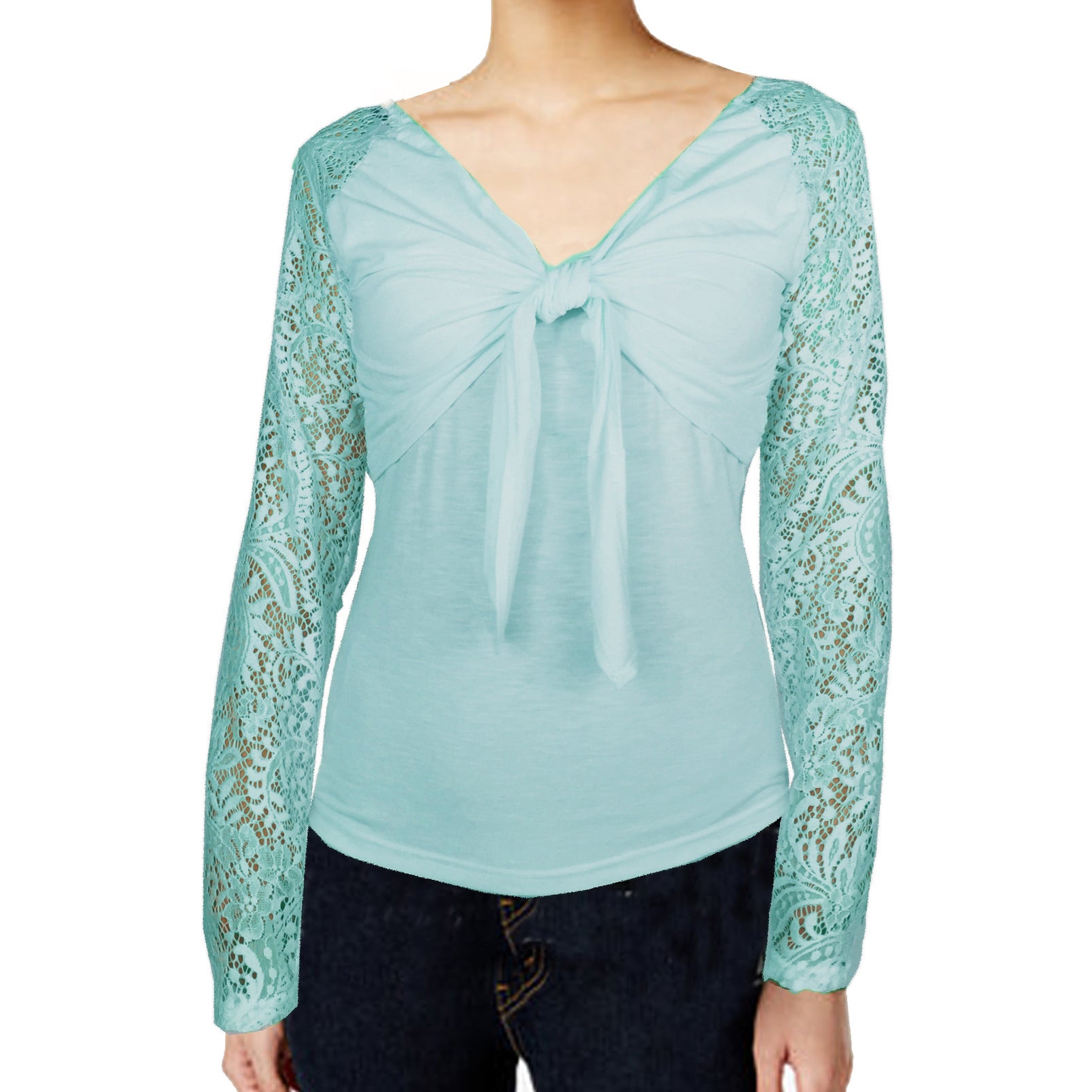 ASHORE WOMENS BOW-TIE STRETCH LACE BLOUSE