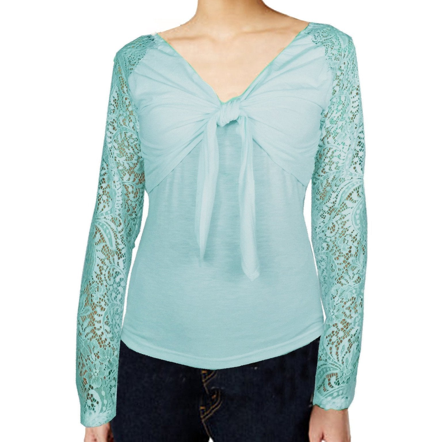 ASHORE WOMENS BOW TIE STRETCH LACE BLOUSE TOPS