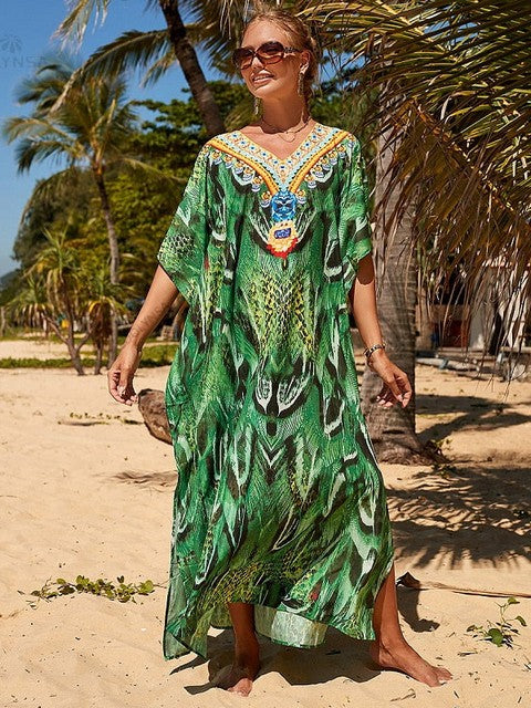 2022 Long Green Kaftan Bohemian Beach Maxi Dress Women Beach Wear