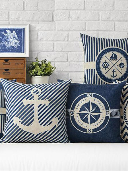 ASHORESHOP Seashore Inspired Ship Anchor Blue Stripe Compass Boat Cushion Cover Cotton Linen Pillow Case Home Sofa Decoter Cojines