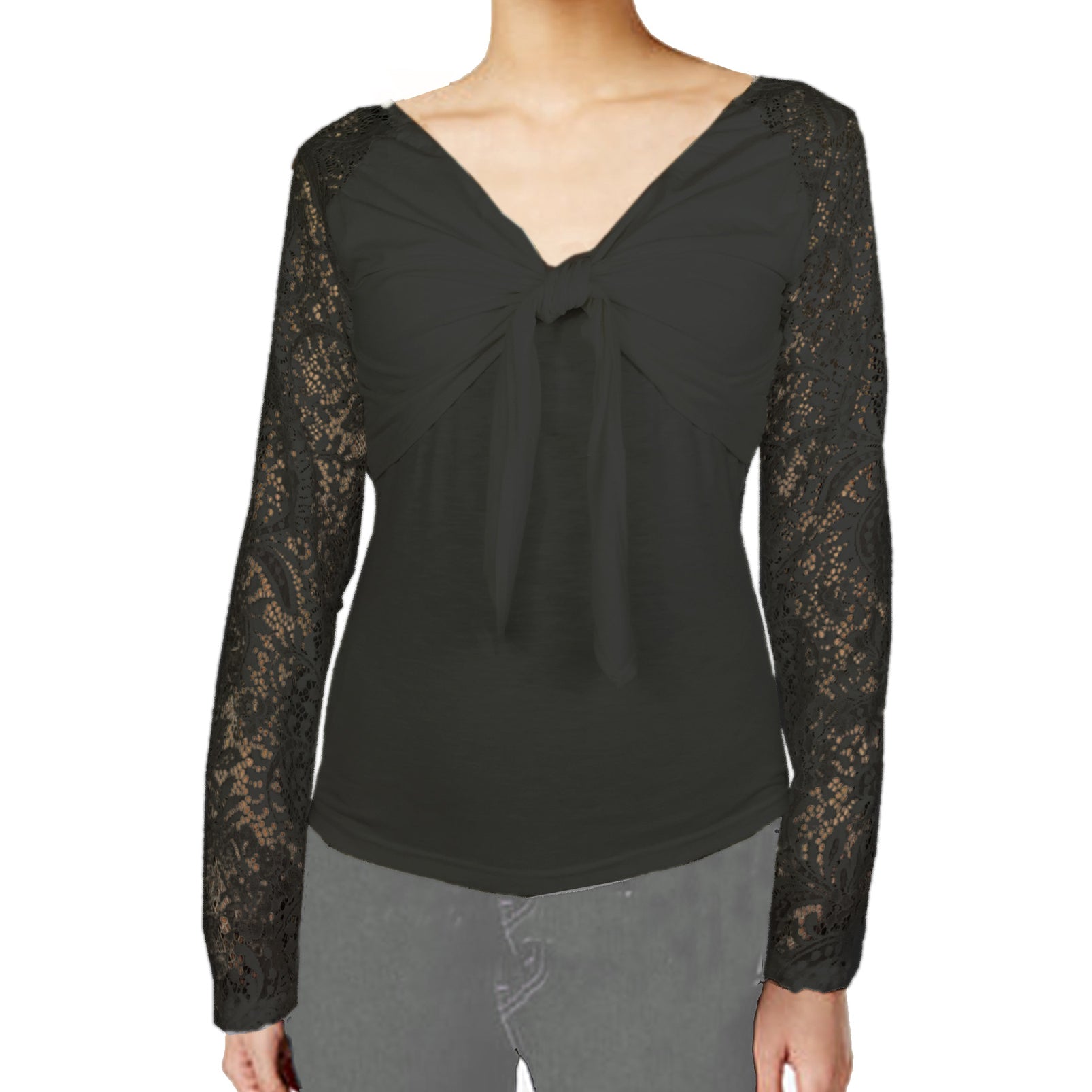 ASHORE WOMENS BOW-TIE STRETCH LACE BLOUSE