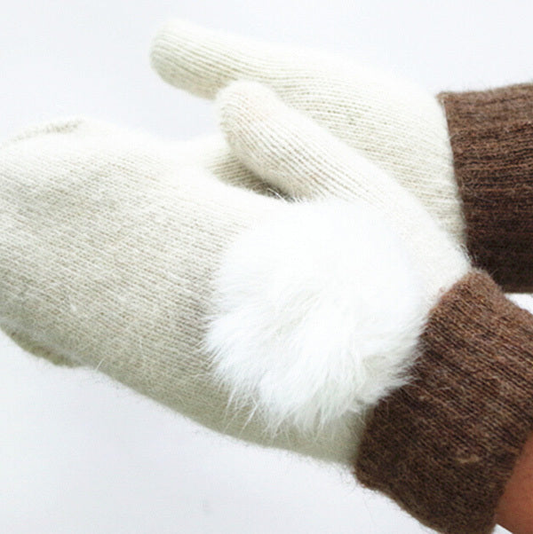 Women Winter Gloves Warm Knitted Wool Gloves Real Rabbit Fur Pompom Mittens