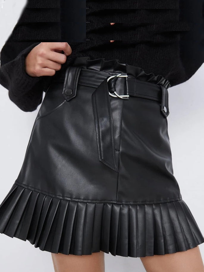 ASHORESHOP Black PU Skirts Women Fashion Faux Leather Skirt