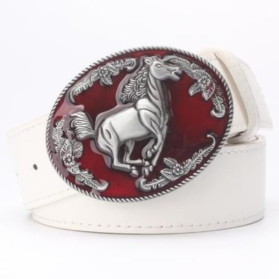 Cinturón de hombre estilo vaquero occidental con hebilla de metal de cuero de caballo, cinturón de carreras de caballos con logotipo de animal y corcel de cuero